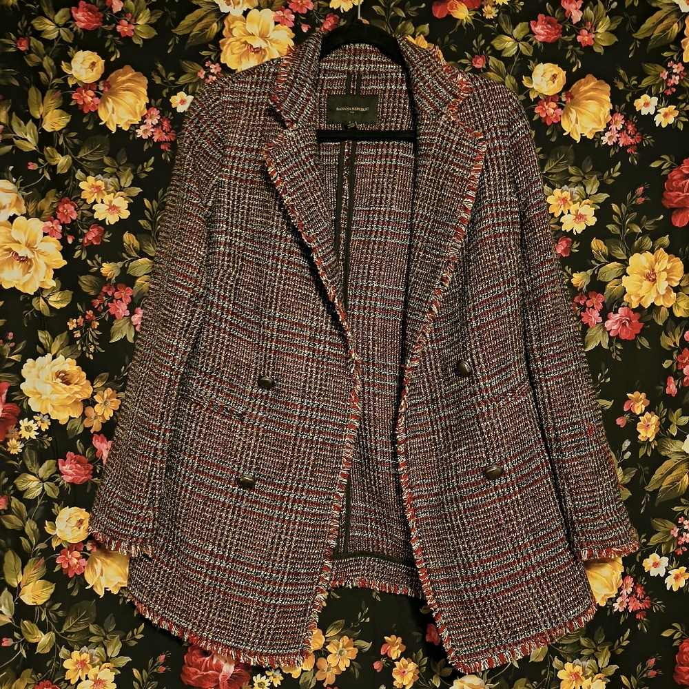 Banana Republic Women's Tweed Blazer - Black and Red With Fringe Details.